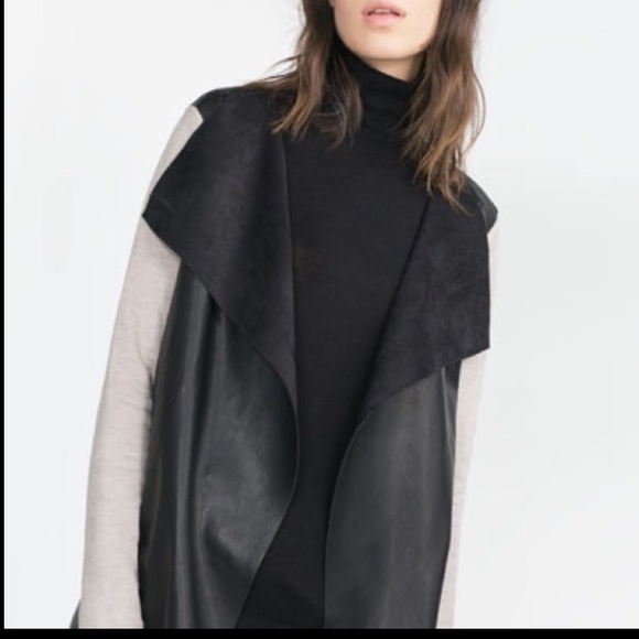 Zara Sweaters - Zara Knit Faux Leather Drape Cardigan